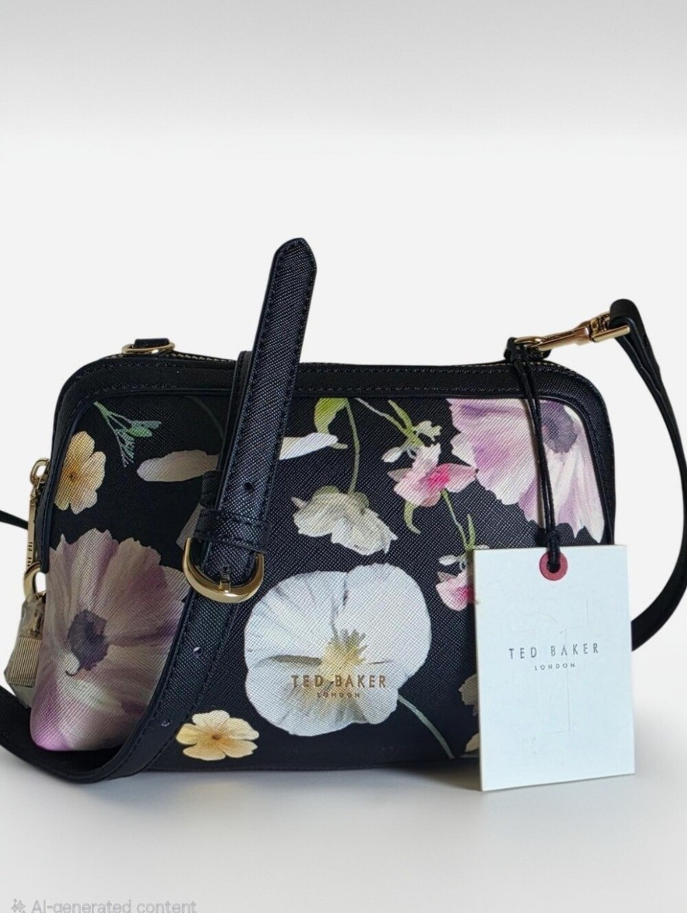 Ted Baker Black Floral Crossbody with Pink & Cream Blooms - NWT